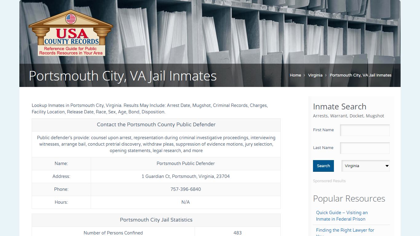 Portsmouth City, VA Jail Inmates | Name Search